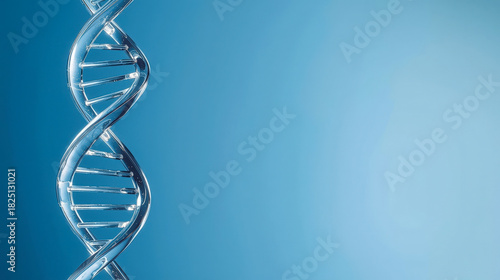 Futuristic 3D render of crystal DNA helix structure. Genetic research and science concept on blue background with copy space.