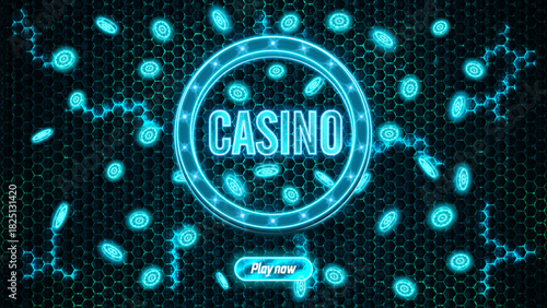 Futuristic neon blue casino web banner with tech honeycomb background. Bright casino poster with  play now button. Modern vector illustration for gaming promotions and online gambling ads