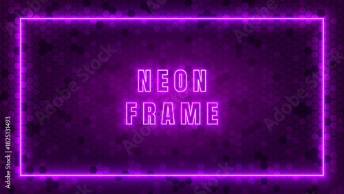 Glowing neon rectangular frame. Futuristic Luminous gradient in pink purple on bright background with technological honeycomb pattern, modern cyber tech design. UI framework. Vector illustration
