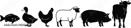 Farm animal silhouettes, livestock illustration set, cow pig sheep chicken duck fish icons, agriculture graphic collection for labels and designs