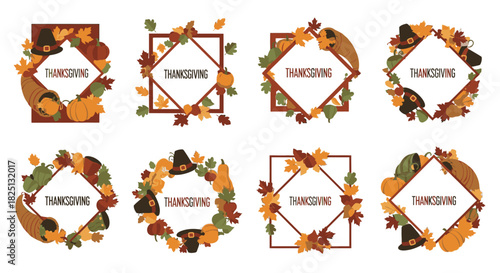 Collection of eight Thanksgiving-themed decorative frames with autumn leaves, pumpkins, and pilgrim hats.