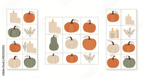 Three fall-themed bingo cards with pumpkins, candles, and wheat illustrations.