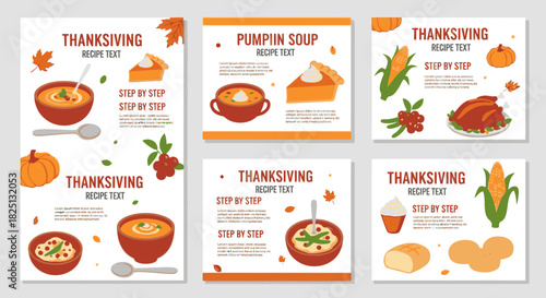 Collection of Thanksgiving recipe card templates featuring illustrations of traditional holiday food like pumpkin soup, pie, and turkey.
