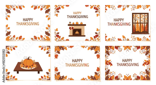 A collection of six Happy Thanksgiving greeting card designs with autumn leaves, a fireplace, a window, and a roasted turkey.