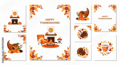 A collection of Thanksgiving-themed illustrations featuring cozy fireplaces, autumn leaves, cornucopias, and hot beverages.