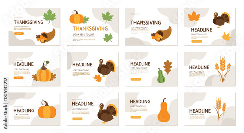 A collection of twelve flat design Thanksgiving-themed banners featuring turkeys, pumpkins, cornucopias, autumn leaves, and harvest elements.