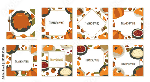 Thanksgiving themed square frame designs with food illustrations.