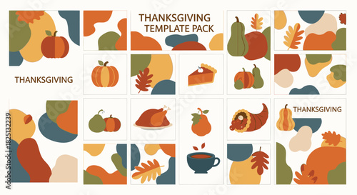 Thanksgiving template pack with abstract shapes and holiday elements.