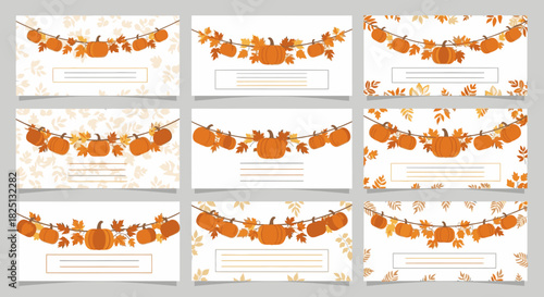 Collection of nine autumn banner templates with hanging pumpkin and leaf garlands for seasonal greetings.