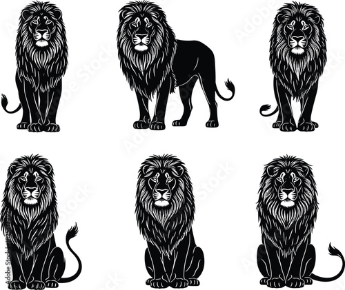 Majestic lion illustrations, powerful big cat silhouettes, detailed mane artwork, wildlife predator design set, African animal graphic collection for decoration