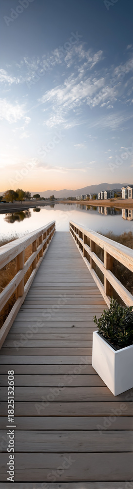 Fototapeta premium Wooden boardwalk leading to a calm lake at sunrise with clear skies.
