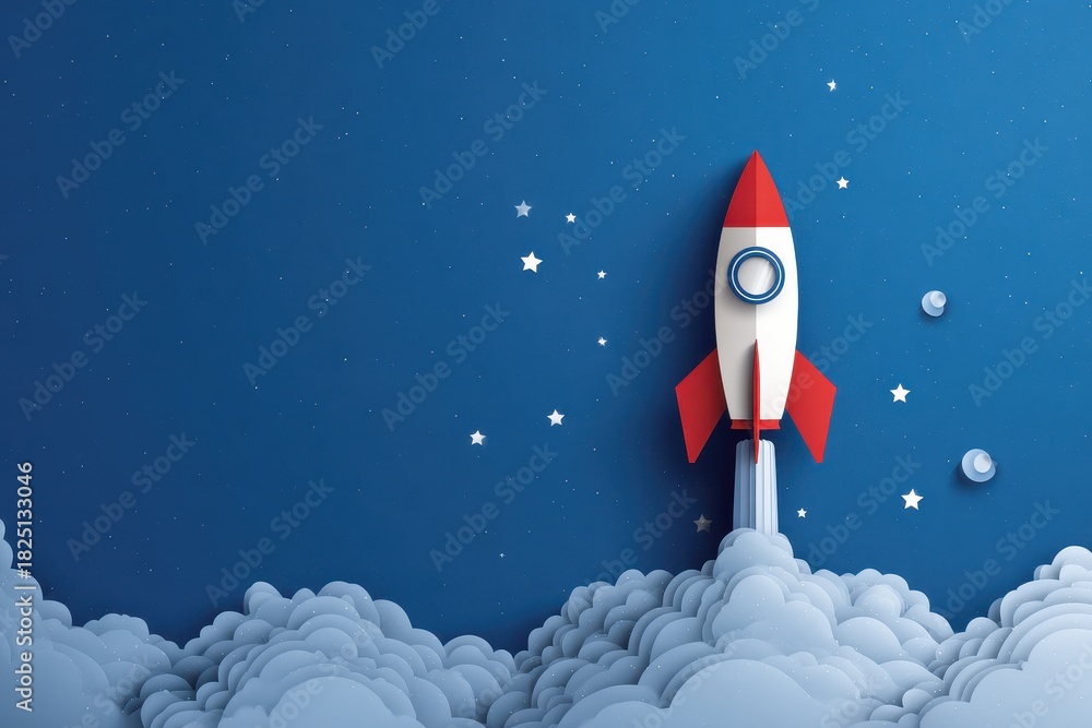 Obraz premium A whimsical cartoon rocket launching into a deep blue night sky, glittering stars scattered around, evoking a sense of adventure and excitement