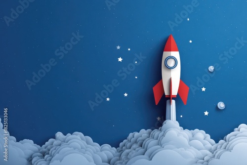 A whimsical cartoon rocket launching into a deep blue night sky, glittering stars scattered around, evoking a sense of adventure and excitement