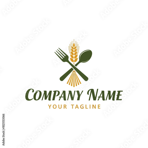 Elegant Culinary Logo with Crossed Utensils and Wheat Stalk for Restaurant Branding.