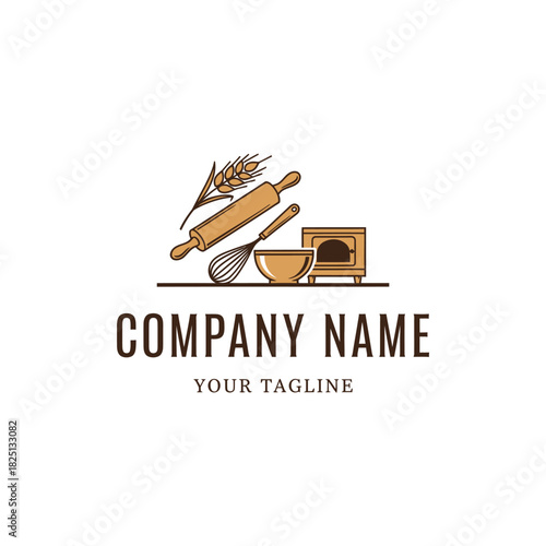 Bakery logo featuring rolling pin whisk bowl and oven for baking goods.