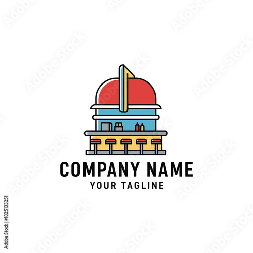 Retro Diner Building with Bar and Stools Logo Design.
