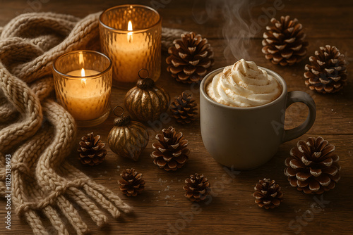 Wallpaper Mural Cozy Autumn Still Life: Warm Drink, Candles, and Pinecone Ambiance Torontodigital.ca