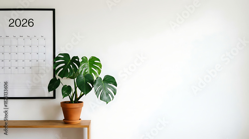 Minimalist 2026 calendar and potted plant on a wooden shelf.