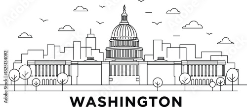 Washington skyline illustration, U.S. Capitol building line art, city landmark outline with trees and clouds for travel graphics, posters, and design projects