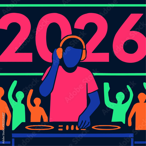 DJ Party New Year’s Eve 2026 Flat Illustration
