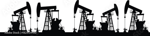 Oil pumpjack silhouette row, industrial energy machinery, petroleum extraction landscape, oilfield equipment illustration for engineering graphics, industry design, and production concepts