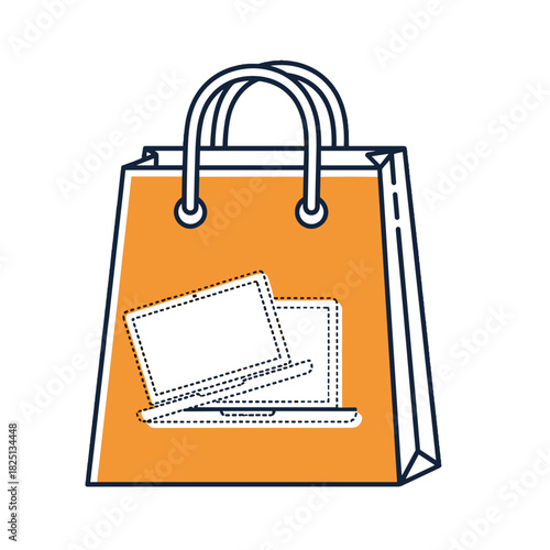 Shopping bag with laptop computer icon for Cyber Monday tech sale and electronics store