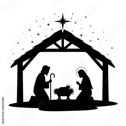 Vector illustration of black silhouette Nativity scene with Holy Family in stable under Star of Bethlehem. Concept of religious Christmas, holy night and Christian faith