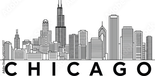 Chicago skyline illustration, detailed cityscape line art, urban architecture outline of famous buildings, modern metropolitan design for prints and graphics
