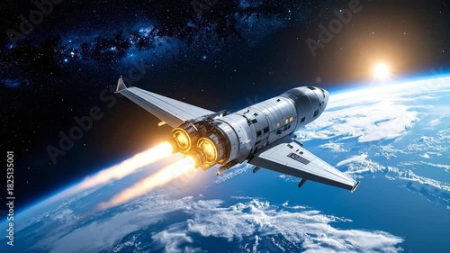 Wallpaper Mural Spaceship Flying Above Earth with Rocket Propulsion. Torontodigital.ca