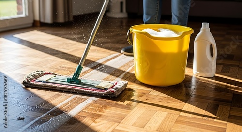 Person mopping a wet wooden parquet floor with a flat mop and a yellow bucket full of soapy water during spring cleaning at home
