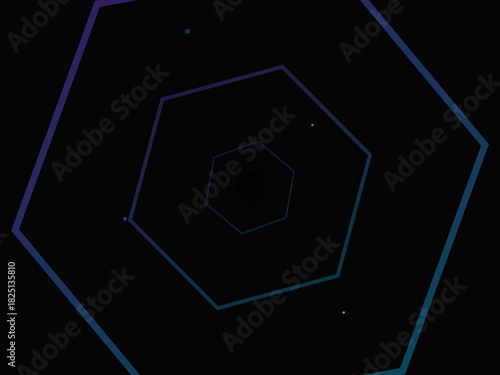 Abstract Neon 3D Hexagon Tunnel Wireframe. Cyberpunk Vector Background.