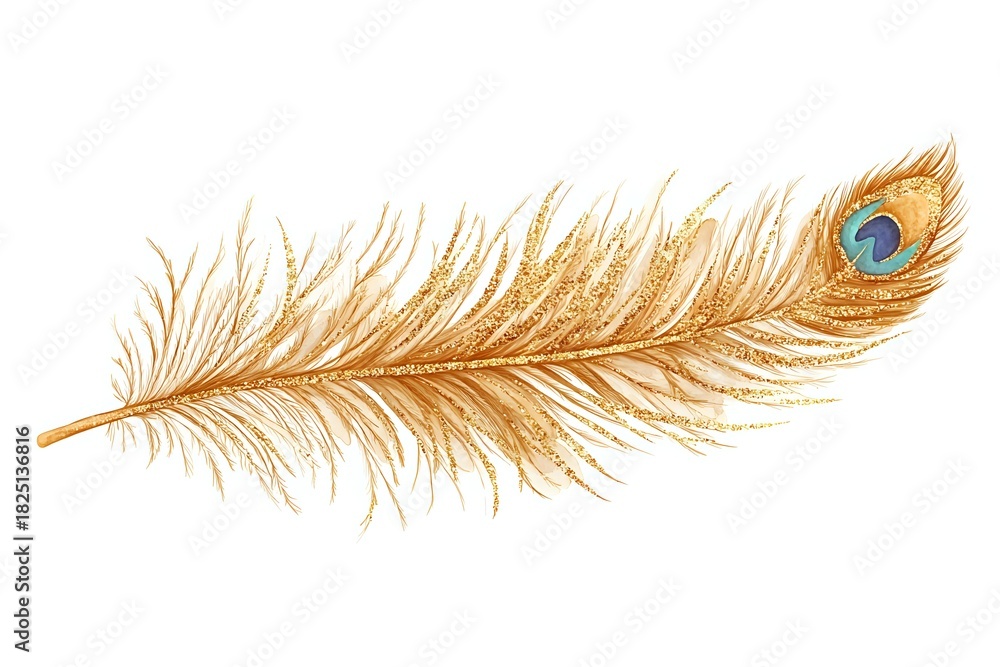 Obraz premium Golden peacock feather with vibrant blue and green eye isolated on white background, perfect for decorative design projects.