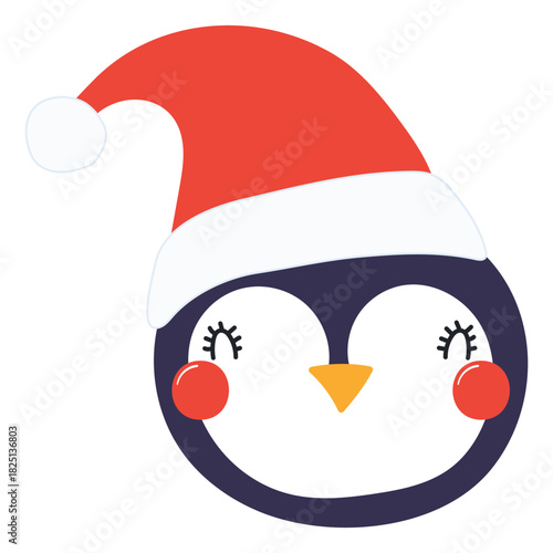Penguin in a Santa Claus hat isolated on transparent. Hand drawn flat vector illustration. Cute cartoon character. Traditional Christmas, New Year, seasonal design element, holiday clip art