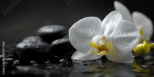 Elegant white orchid with water droplets and smooth black stones on wet surface, creating serene spa atmosphere for wellness and relaxation.