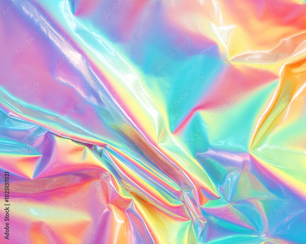 Fototapeta premium Abstract Holographic Foil Texture with Wrinkles Iridescent Pastel Colors Reflective Surface Multicolor Gradient Pattern Playful Shiny Background with Soft Lighting