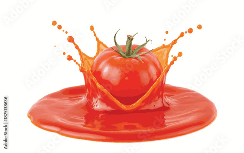 Vibrant Red Tomato Splashing into Rich Tomato Sauce on WhitePrint