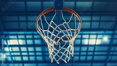 Basketball suspended in a hoop with a blurred stadium background, bathed in blue light. Focus on sports action & competition