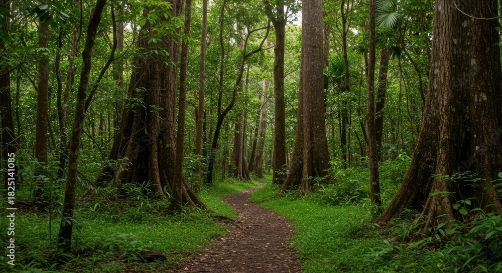 Fototapeta premium Lush Green Forest Path with Towering Trees