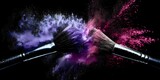 Makeup brushes colliding with explosion of purple and pink powder against black background, creating dramatic cosmetic art effect.