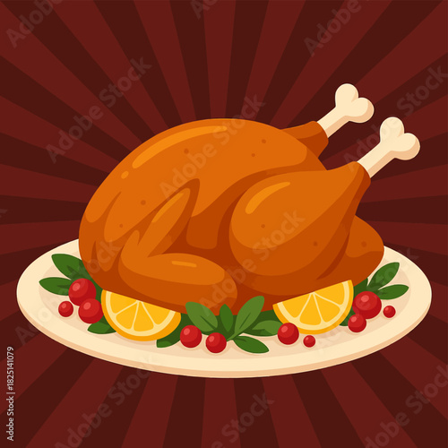 Roasted turkey on a platter with cranberries and lemon slices for a festive thanksgiving dinner