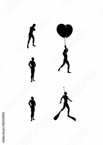 Silhouette figures in various poses against a white background, conceptual design