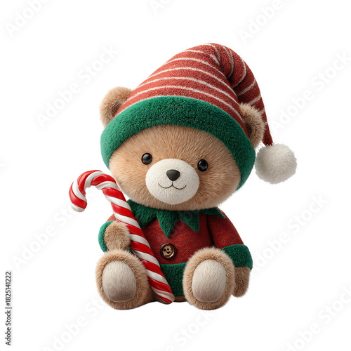 Cute plush teddy bear wearing an elf costume and holding a red and white striped candy cane