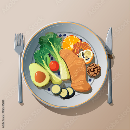 Healthy meal with fresh salmon, avocado, vegetables, and fruit, artfully arranged on a plate with fork and knife
