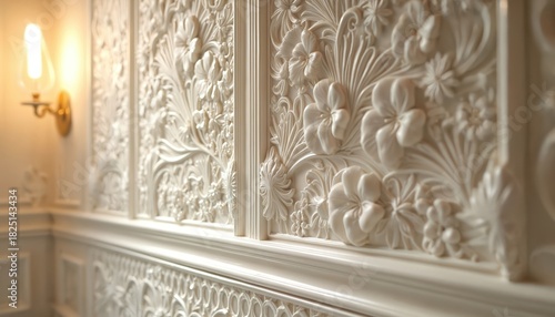 Intricate white plaster wall molding shows detailed floral and shell patterns. Light shines on elegant sculpted relief creating depth and shadow play.