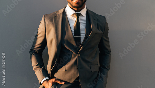 Successful businessman in a tailored suit exudes confidence and style, perfect for corporate branding and professional development materials and leadership presentations