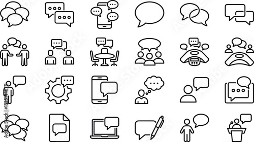 Communication chat icons collection with speech bubbles, conversation symbols, messaging elements, teamwork discussion signs, outline line style vector illustration