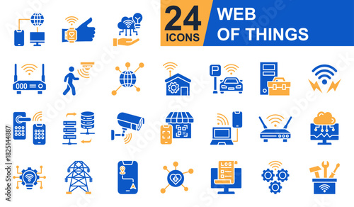 Web Of Things Icons set vector illustration. Containing Wearable Technology, Motion Sensor, Data Transfer, Wireless Access, Cloud Monitoring and more. Simple solid icons collection.