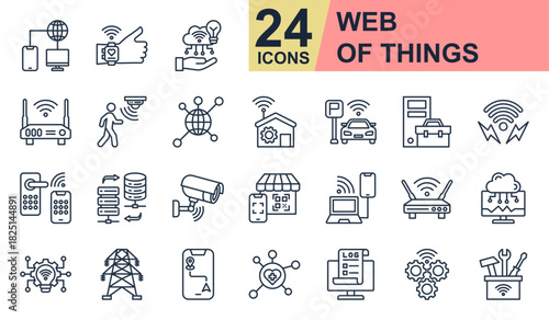 Web Of Things Icons set vector illustration. Containing Wearable Technology, Motion Sensor, Data Transfer, Wireless Access, Cloud Monitoring and more. Simple line icons collection.
