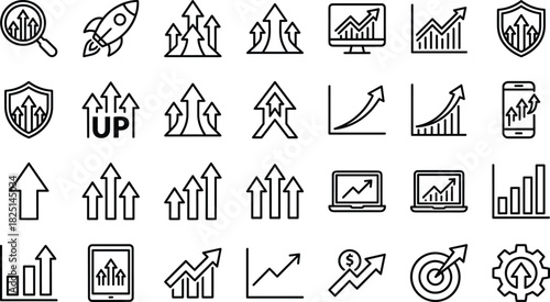 Growth progress arrow icons set showing business success, financial increase, data analytics improvement, upward trends and performance boost vector illustration