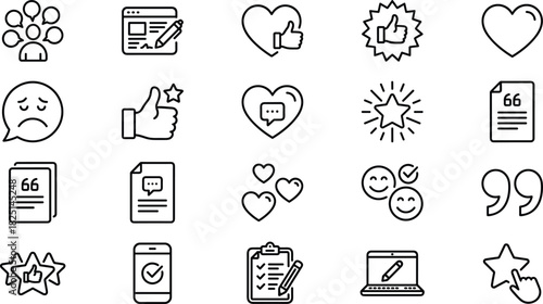 Modern feedback review icons set with rating, comments, approval, testimonials, satisfaction, mobile review, quality check, heart like symbols